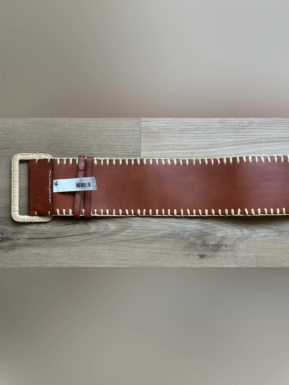 Polo Ralph Lauren Raffia Belt Beige Brown Woven Leather Trim Whipstitch Womens S
